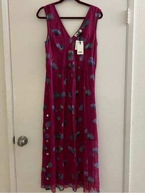 Coach Magenta Sleeveless V-Neck Maxi Dress with Teal-Blue Petal Print